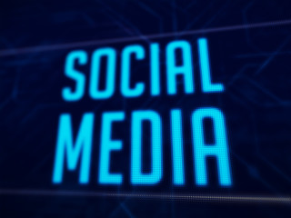 Poster - Social media text on blue pixels screen 3D rendered with depth of field