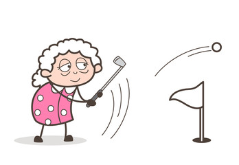 Sticker - Cartoon Granny Playing Golf Sport Vector Illustration