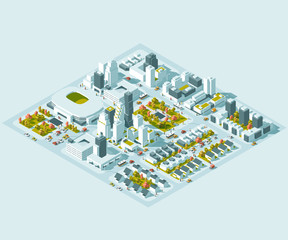 Vector Isometric info graphic city streets with different buildings, houses, shops and skyscrapers. Transport and people. Low poly style.