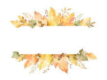 Watercolor Banner Of Leaves And Branches Isolated On White Background.