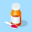Cough syrup. Medical mixture in spoon and bottle.