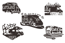 Illustration Of Set Lettering Caravans With Quote For Printable. Vintage Design With Camp Travel For Logos Emblem.