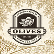 Retro olives label on harvest landscape. Editable EPS10 vector illustration in woodcut style with clipping mask and transparency.