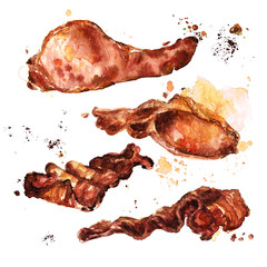 Wall Mural - Fried bacon. Watercolor Illustration. 