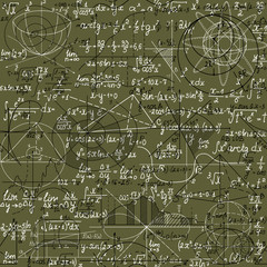 Math vector seamless pattern made of handwritten formulas on green background, shuffled together