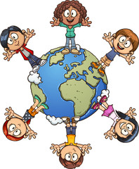 cartoon kids standing around planet earth. vectro clip art illustration with simple gradients. each 