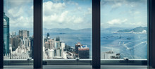 Window View Of City Skyline,shot In Hong Kong,China.