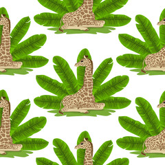 Wall Mural - Giraffe and Banana Fan Seamless Pattern