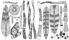 Set Of Wooden Branches, Painted Sticks, Feathers, Flowers. Doodle Style. Black And White, Boho, Vector, Tribal Design Elements.