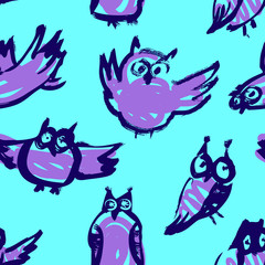 Wall Mural - Background with sketchy owls. Seamless pattern with doodle owls.