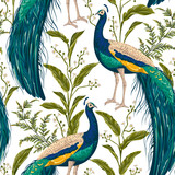 Seamless pattern with peacock, flowers and leaves. Vintage hand drawn vector illustration in watercolor style