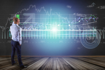 Poster - man in front of a wall writing on a stock exchange interface - tradex concept