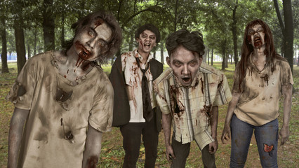 Canvas Print - Portrait group of asian bloody zombies with wounded face