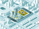 Fototapeta Perspektywa 3d - City isometric plan with road and buildings on smart phone. Map on mobile application. 3d vector illustration.