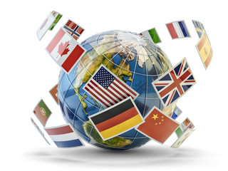 Aufkleber - Global communication and international messaging concept, national flags of world countries around Earth globe isolated on white