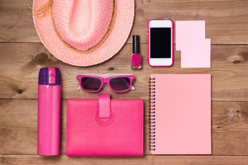 Sticker - Office desk table with smartphone, notebook, pen and sunglasses. Top view with copy space.