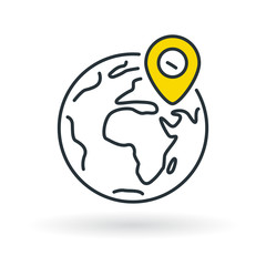 Simple planet icon with yellow gps location pin sign