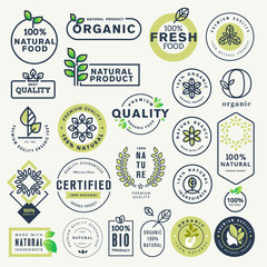 set of labels and stickers for organic food and drink, and natural products. vector illustration con
