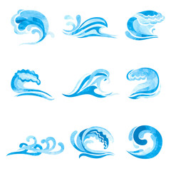 Set of watercolor blue ocean and Sea Waves isolated on white. Vector collection of water logo, swirls, nature symbols.