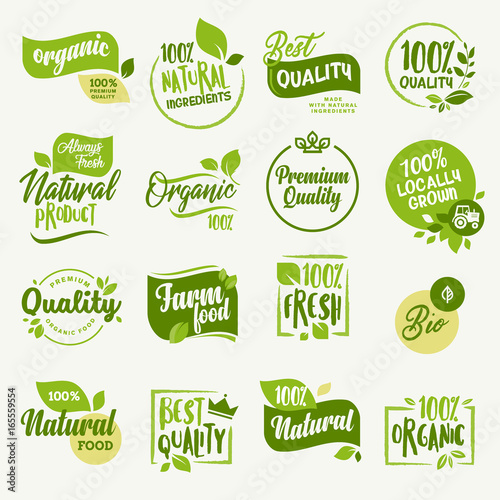 Fotografía Organic food, farm fresh and natural product signs and elements collection for food market, ecommerce, organic products promotion, healthy life and premium quality food and drink
