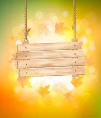 Poster - Autumn background with leaves. and wooden sign. Vector.