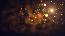 Gold Abstract Bokeh Background. Real Backlit Dust Particles With Real Lens Flare. Glitter Lights . Abstract Festivevintage Lights Defocused. Christmas And New Year Feast.