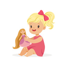 Sweet Little Girl In A Pink Dress Playing With Her Doll, Colorful Character Vector Illustration