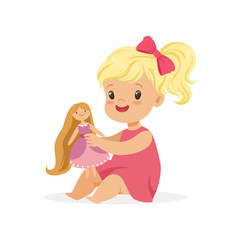 Poster - Sweet little girl in a pink dress playing with her doll, colorful character vector Illustration