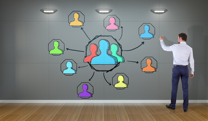Wall Mural - Businessman drawing social network sketch on a wall 3D rendering