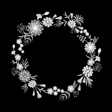 Floral Black White Daisy Embroidery Round Arrangement. Vintage Victorian Flower Ornament Fashion Textile Decoration. Stitch Texture Vector Illustration