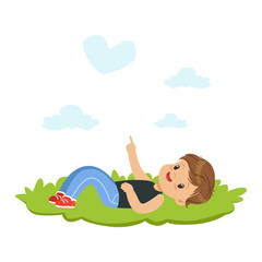 Poster - Sweet little boy lying on a grass and dreaming looking on the sky, kids imagination and fantasy, colorful character vector Illustration