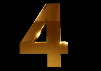 Golden number four on a black isolated background. Number 4. Numbers. 3d rendering