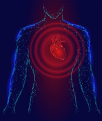 Wall Mural - Man silhouette heart beats 3d medicine disease model low poly. Triangle connected dots glow point red blue background. Wave pain impulse from internal body vector illustration