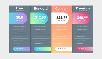 Set of offer tariffs. ui ux vector banner for web app. set of pricing table, order, box, button, list with plan for website in flat design.