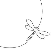 Continuous One Line Drawing. Flying Dragonfly Logo. Black And White Vector Illustration. Concept For Logo, Card, Banner, Poster, Flyer