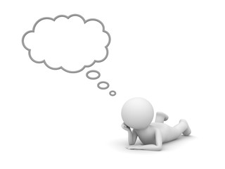 Leinwandbilder - 3d man lying on his stomach and thinking with blank thought bubble isolated over white background with shadow . 3D rendering.