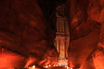 The Treasury, Petra By Night. An Ancient City of Petra, Al Khazneh, Jordan