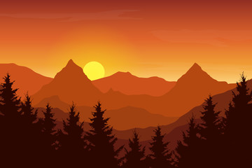 Wall Mural - Vector illustration of an autumn orange mountain landscape under a sunrise sky with clouds