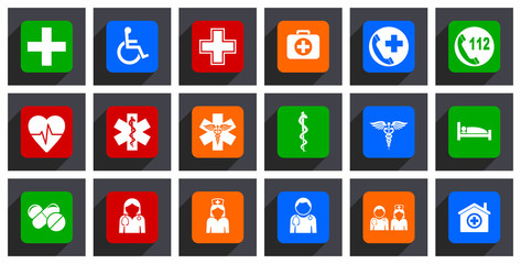 Poster - Medical flat design vector icons. Set of hospital, cross, wheelchair, first aid, emergency phone, 112 number, heart pulse, bed, drugs, doctor, nurse and people signs.