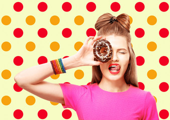 Wall Mural - Young woman with beautiful makeup and donut on patterned background