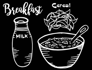 Hand drawn black and white breakfast Illustration of cereals and milk