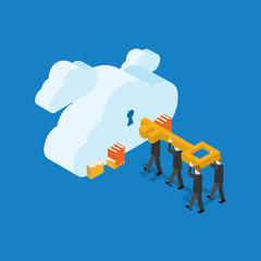 Wall Mural - Vector illustration. Business people with key and clouds with keyholes.