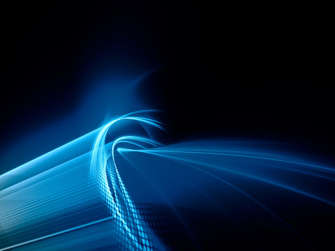 Abstract background element. Fractal graphics series. Curves, blurs and twisted grids composition. Blue and black colors.