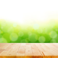 Poster - Wood table top on white green bokeh abstract background