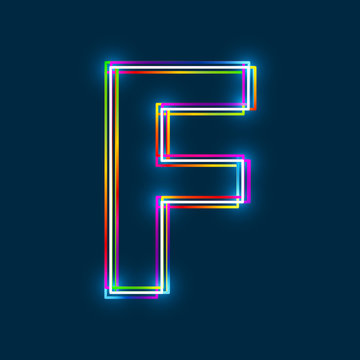 Letter F - Vector multicolored outline font with glowing effect isolated on blue background. EPS10