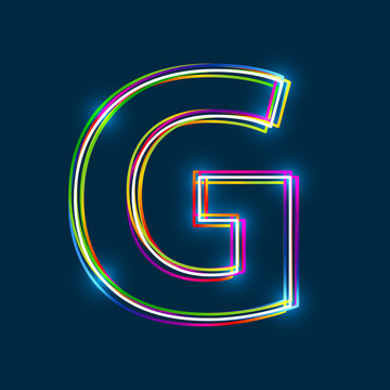 Letter G - Vector multicolored outline font with glowing effect isolated on blue background. EPS10