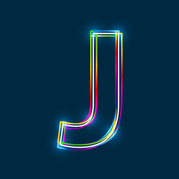 Letter J - Vector multicolored outline font with glowing effect isolated on blue background. EPS10