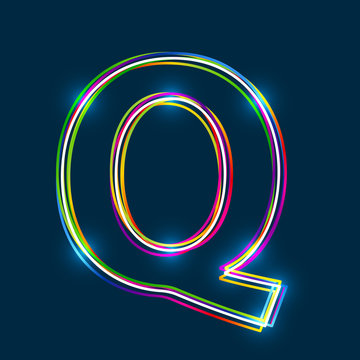 Letter Q - Vector multicolored outline font with glowing effect isolated on blue background. EPS10