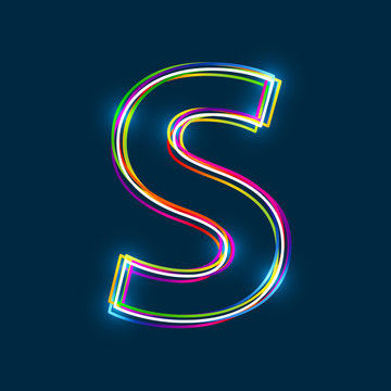 Letter S - Vector multicolored outline font with glowing effect isolated on blue background. EPS10