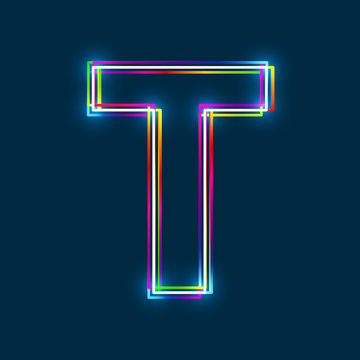 Letter T - Vector multicolored outline font with glowing effect isolated on blue background. EPS10